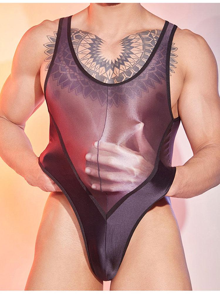 Sexy Patchwork Einteiler Herren Hoher Schnitt Tanga Bodysuit Oberteile Mode Nachtclub Strumpfhosen Männer Durchsichtiger Trikot Exotische Ärmellose Oberteile