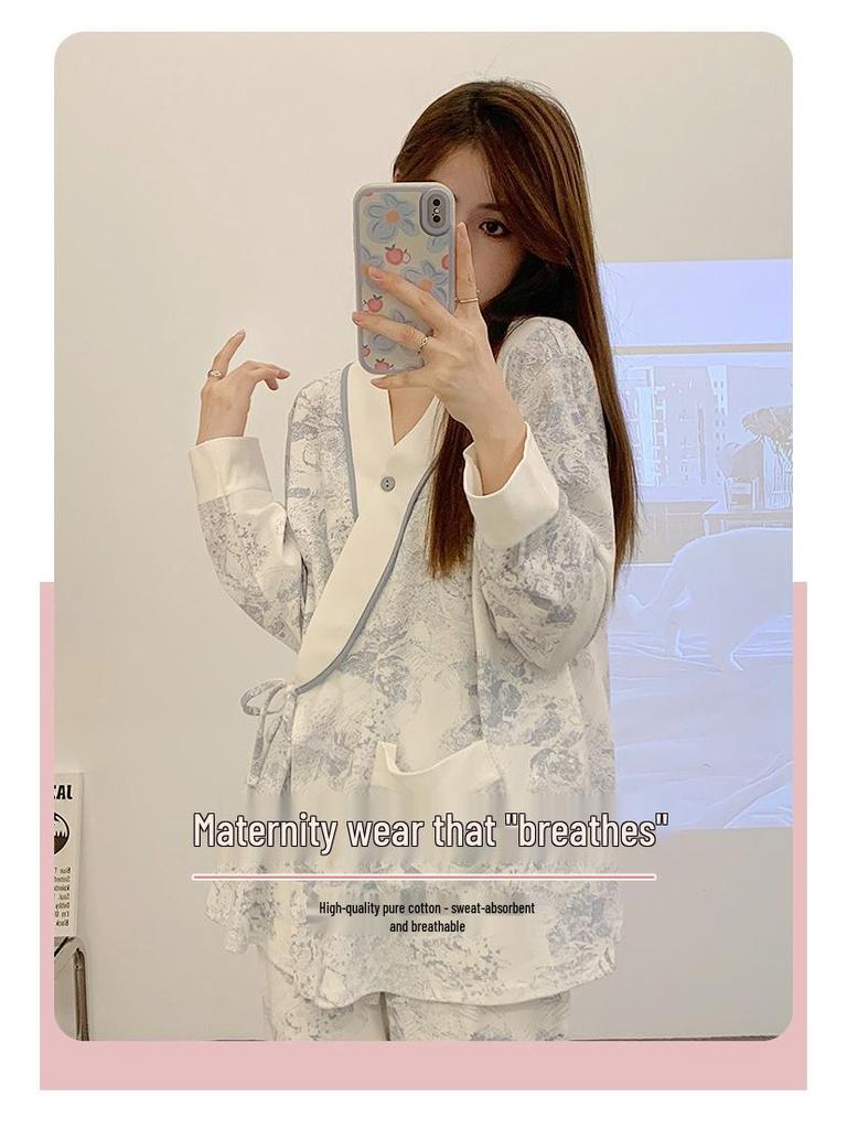 Pure Cotton Maternity Pajama Set for All Seasons: Comfortable, Breastfeeding-Friendly Home Wear for Pregnant and Postpartum Women