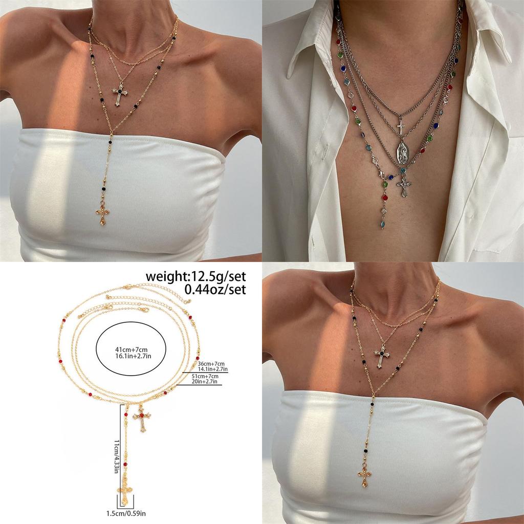 Cross Pendant Necklace For Women With Layered Y Design And Fringes