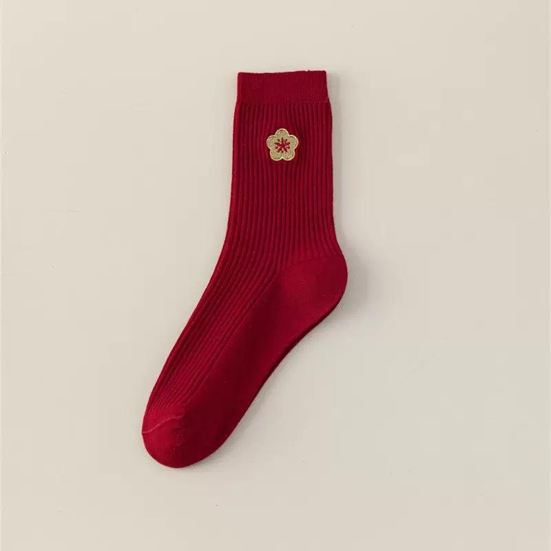 Dark Red Sock Children's Style Winter and Autumn Double Embroidery Wedding and New Year Mid-length Socks