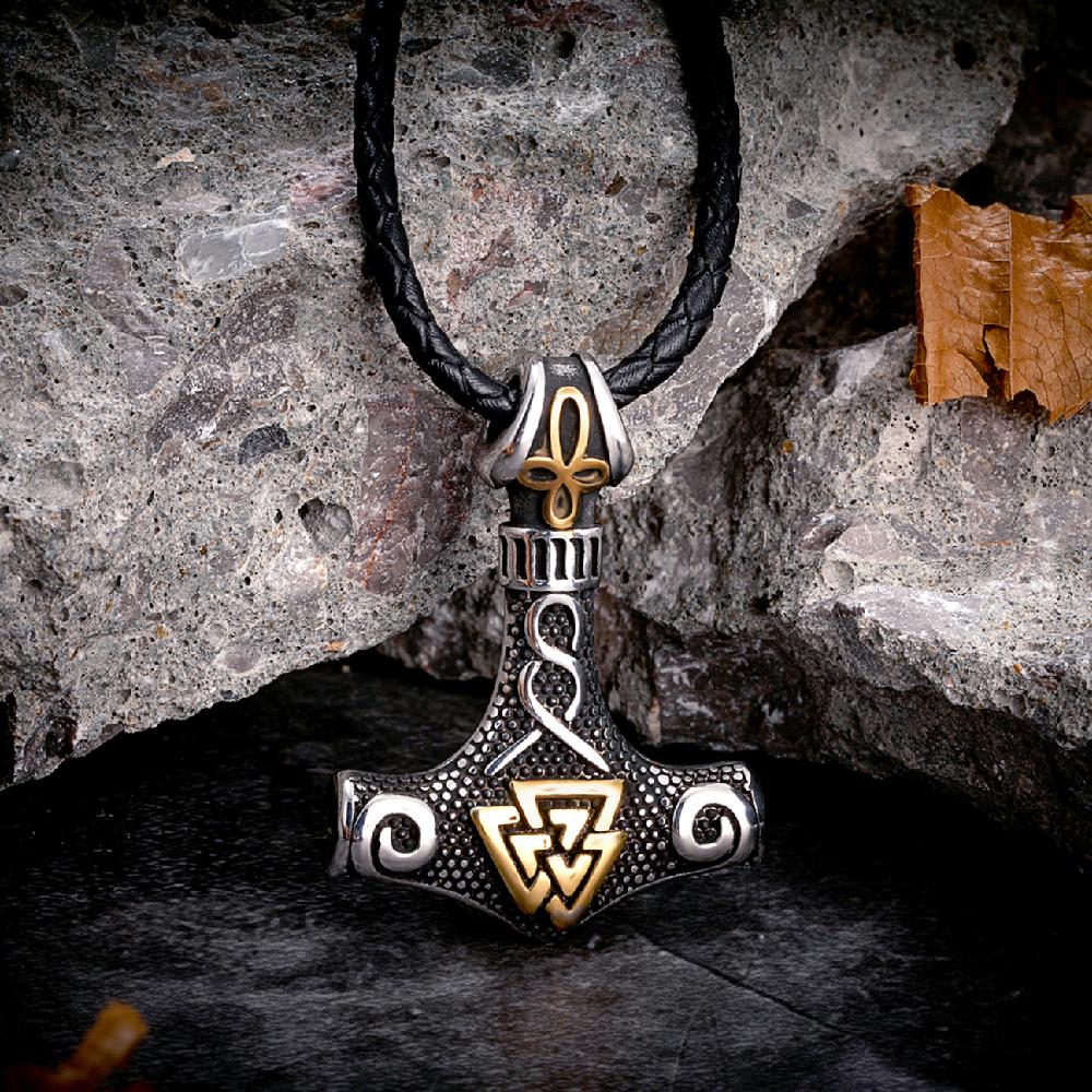 Vikings Thors Hammer Necklace Stainless Steel Double Sided Pendant Norse Amulet Men Vintage Jewelry