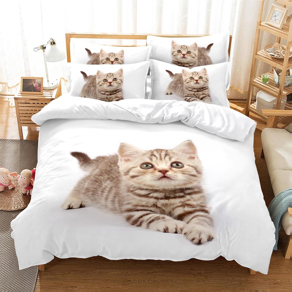 Bedding Set Pet Cat Print Quilt Cover and Pillowcase Single Double Bed Full Size Bedroom Bedding Polyester with Zipper Comfortable Quilt Cover