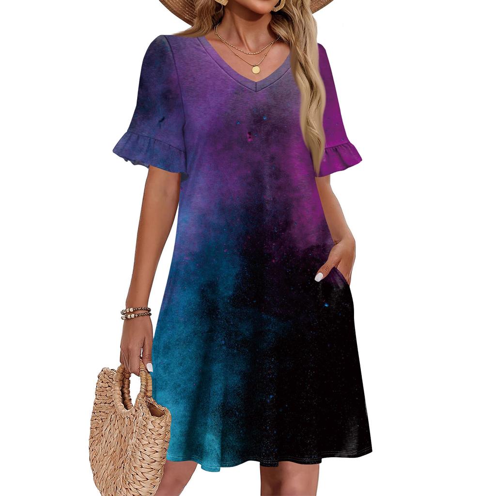 Women A Line Sun Dress Short Sleeve V Neck Printed Dress With Pockets