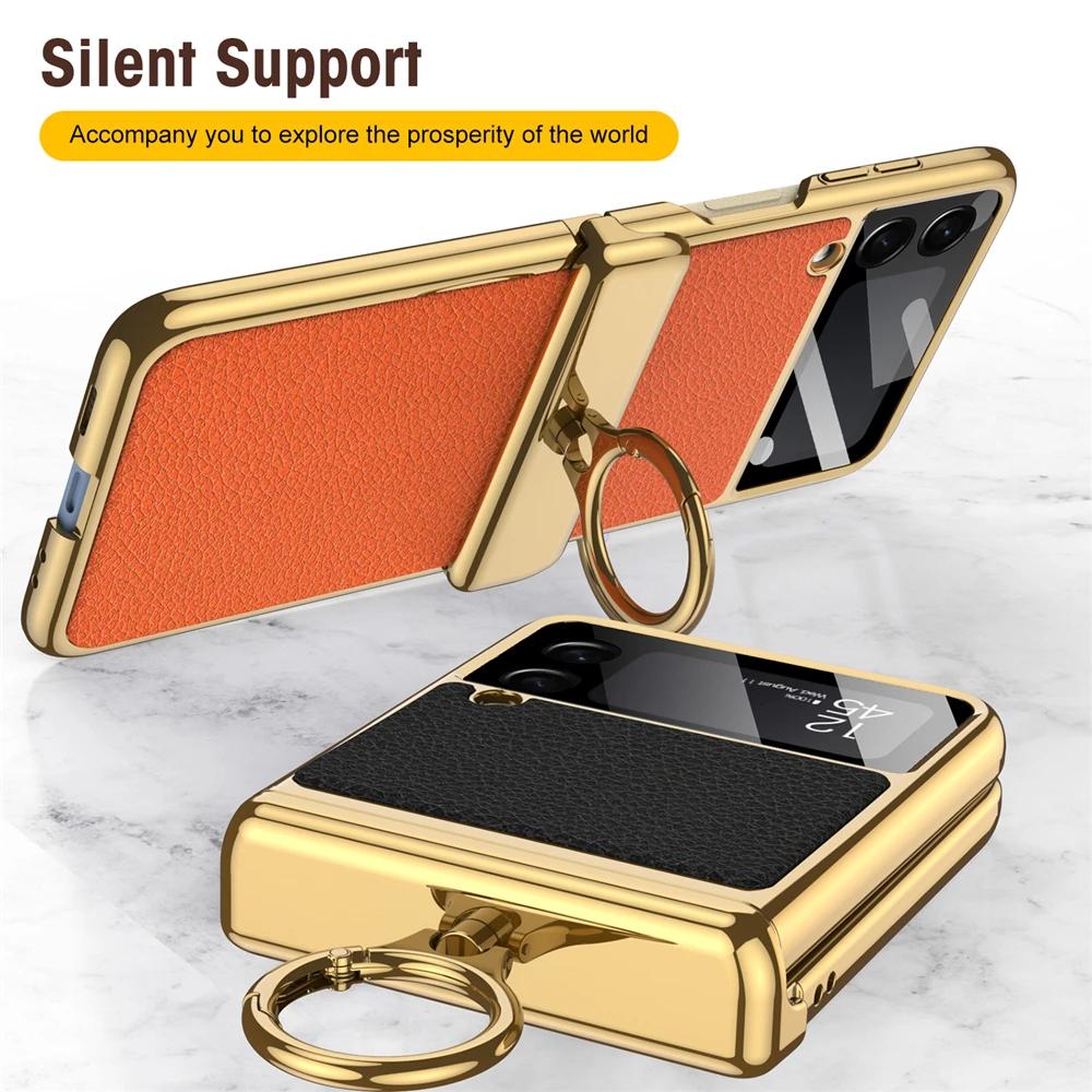 Pro Samsung Galaxy Z Flip 3 4 5 6 Pouzdro Ultratenká Ochrana Obrazovky Coque Fundas Luxusní Kůže s Kroužkem Pokovení Magnetický Kryt
