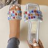 Women Slippers Mixed Color Gem Diamonds Shoes for Women 2025 New Fashion Slippers Sexy Square Toe Sandals Home Slides Women