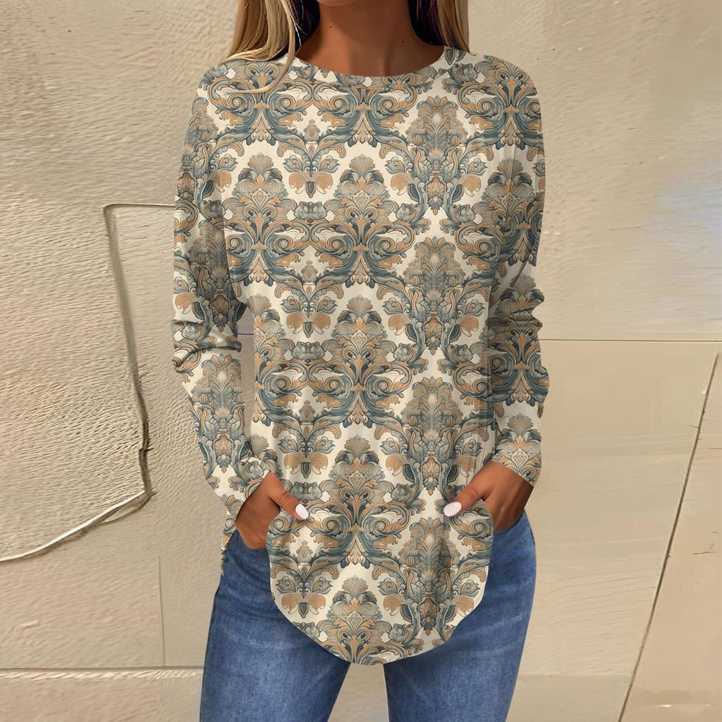 Shirts For Women Cute  Vintage Pattern Print T-Shirt Long Sleeve Tunic Tops Cotton Pullovers