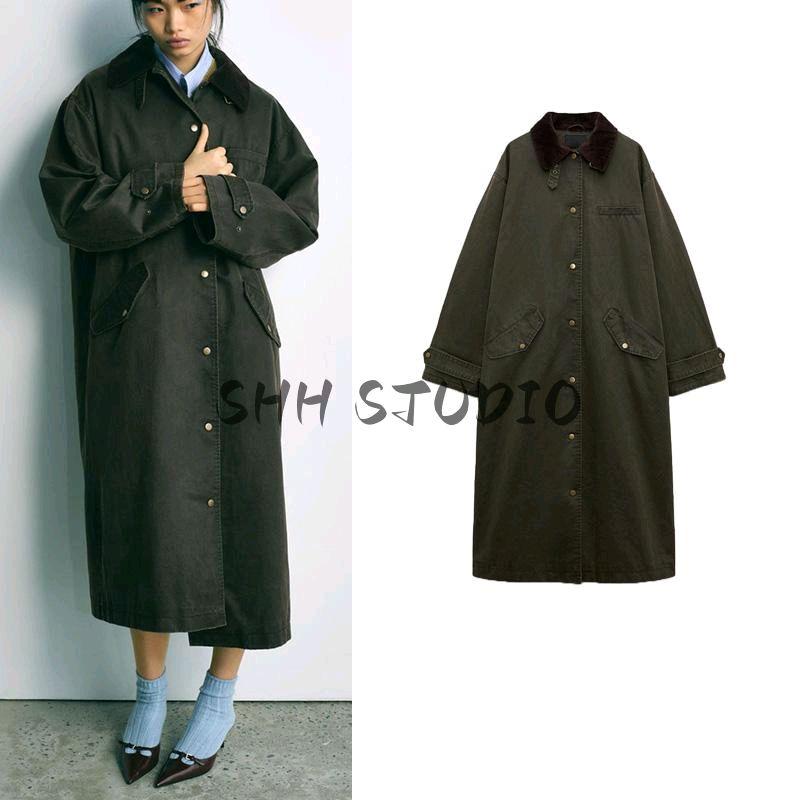 Spring New Women's Clothing Maillard Corduroy Collar Waxing Leather Long Lapel Trench Coat Outwear 4341882
