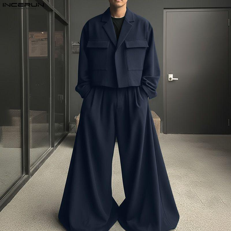 Sleeve Incerun Outfits Long Men Cropped Blazer And Long Wide Legs Pants Casual 2pcs Sets
