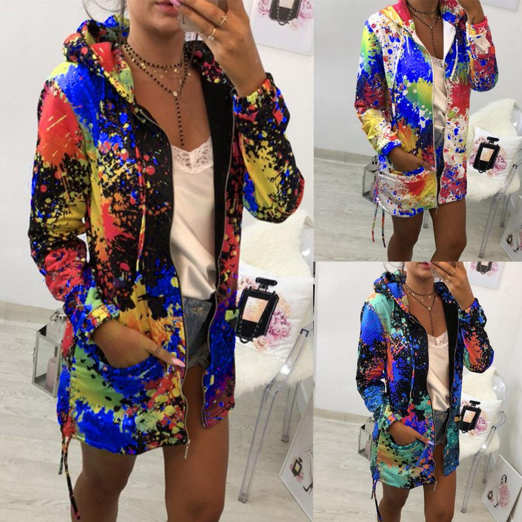 Fashion Womens Tie Dyeing Print Coat Outwear Sweatshirt Hooded Jacket Overcoat