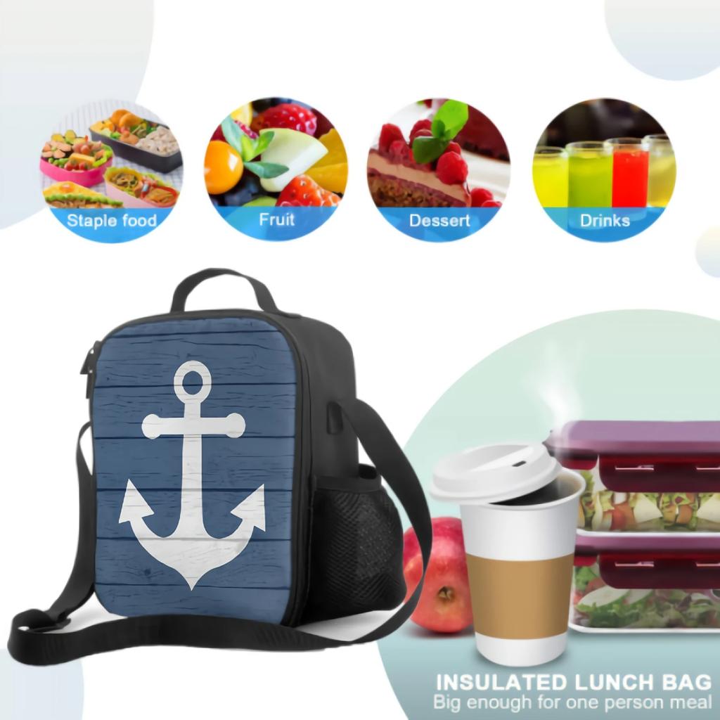 Nautical Anchor Insulated Lunch Box Reusable Portable Cooler Bag with Adjustable Shoulder Strap for Work School Picnic Travel