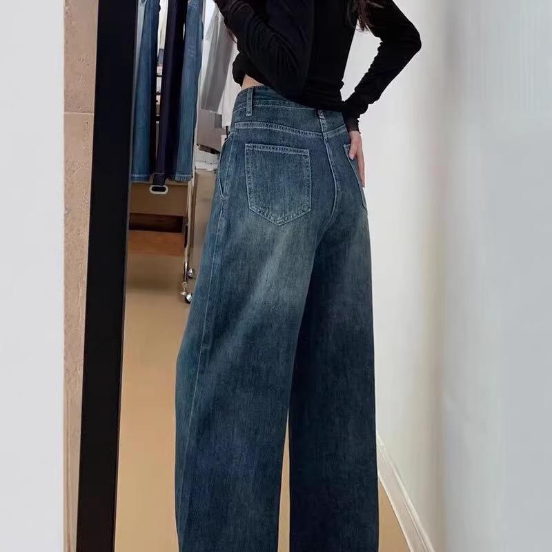 Women's Plus Size High-Waisted Retro Washed Wide-Leg Jeans