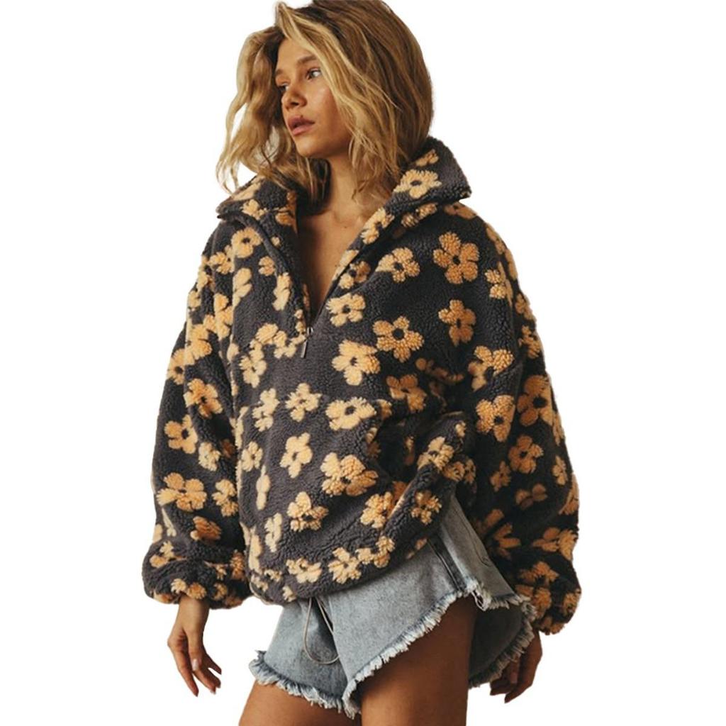 2025 Winter Autumn Women's Fleece Floral Sweatshirt Fashion Warm Fuzzy Pullover Top