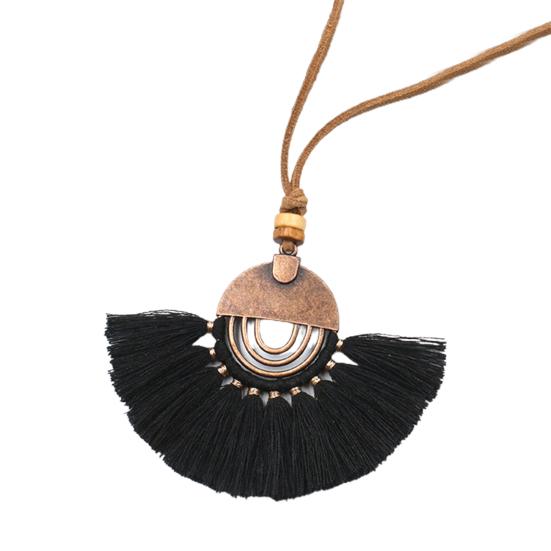 Bohemian Ethnic Style Sweater Necklace Alloy Fan Shaped Cotton Thread Tassel Women Necklace Jewelry Accessories