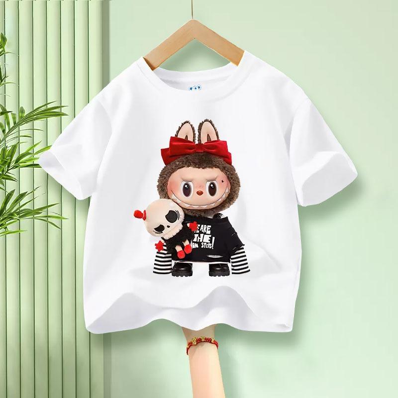 LABUBU Children's Short Sleeve T-shirt Soft and Comfortable Fabric LABUBU Pattern Girl Round Neck Short Sleeve Casual Style Top