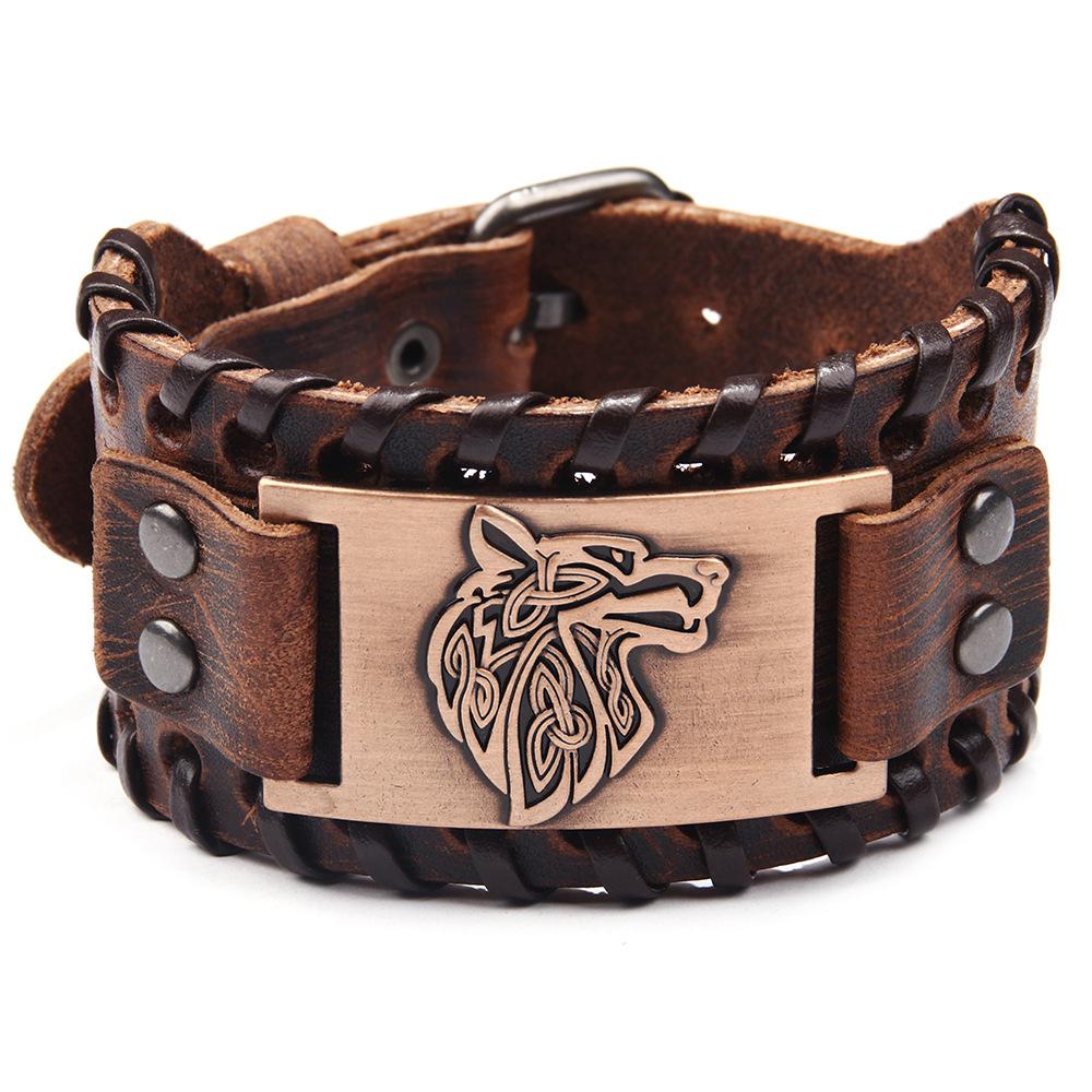 Men's Stylish Viking Themed Leather Wristband Bold Wolf Motif Metal Embellishment Bracelet Punk Rock Parties Jewelry Unique Gift