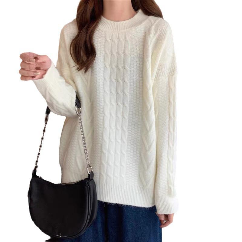 Women's Retro Lazy Style Cable Knit Sweater - Soft, Gentle, Loose Round Neck