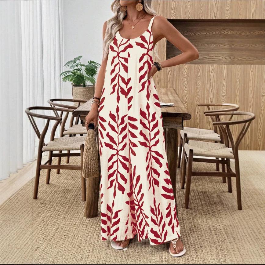 Cross-Border Women s Jumpsuit, Elegant V-Neck Bohemian Vacation Leaf Print Pocket Jumpsuit S