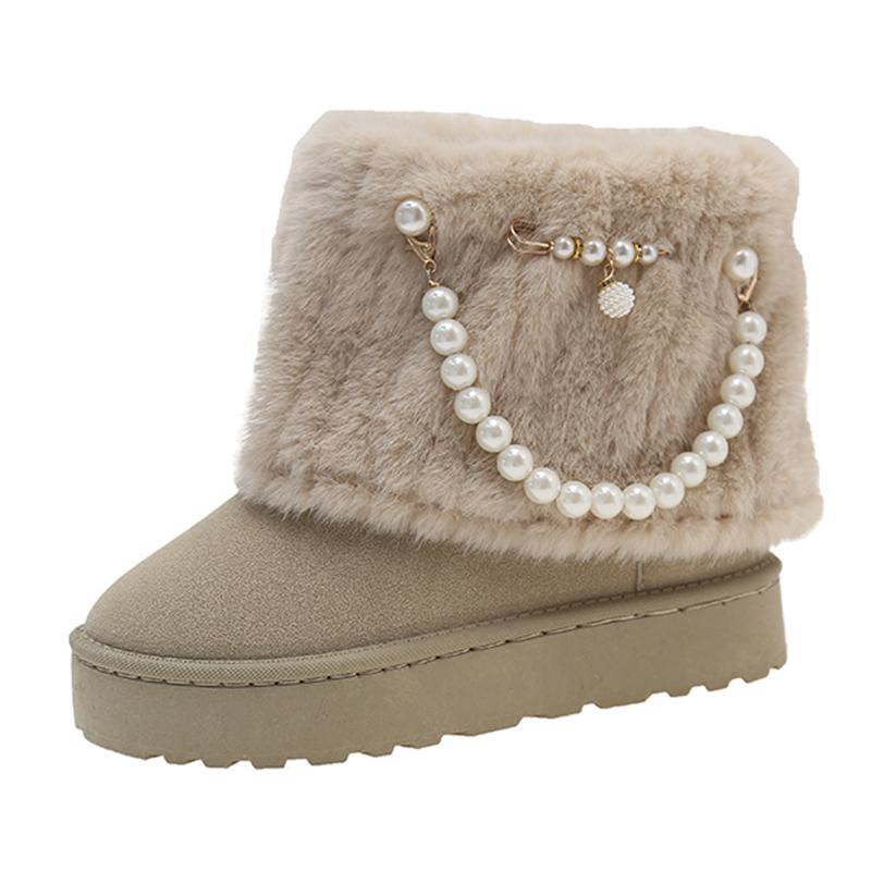 

Модные теплые зимние сапоги с жемчужным цепочным декором для женщин, зима 2024 года, пушистые плюшевые ботильоны на платформе, женские ботинки с толстой подошвой и хлопковой подкладкой 36 серый