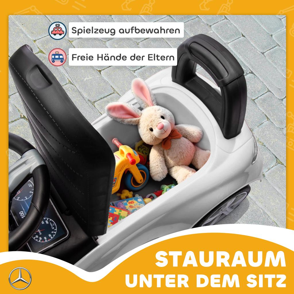 Auto Giocattolo Ufficiale Mercedes-Benz, Camminatore Scivolante Piede su Pavimento con Clacson, Suoni del Motore e Vano Portaoggetti Sotto il Sedile, Bianco