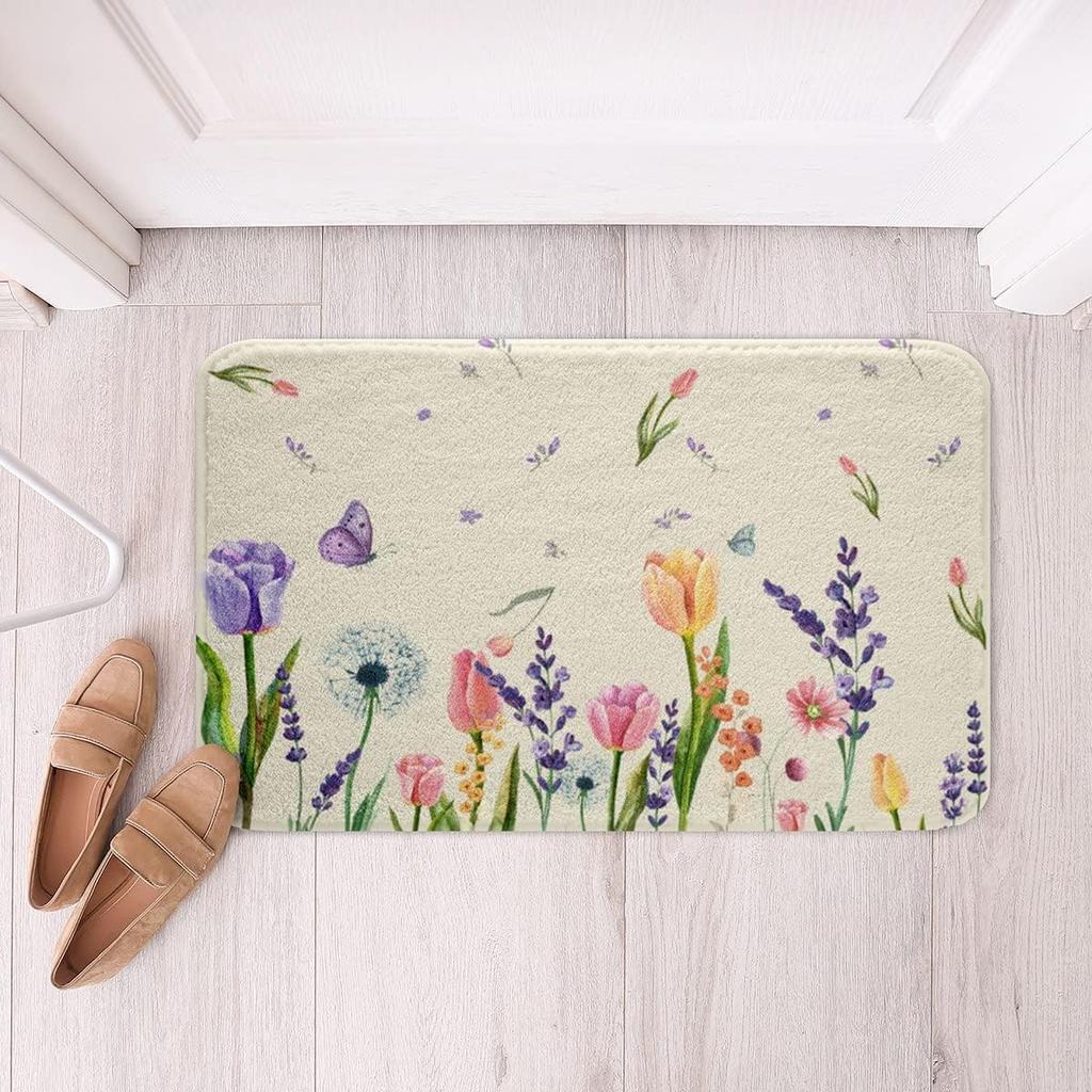 Purple Flowers Rug Watercolor Lavender Carpet Romantic Floral Doormat for Girls Teen,Wild Country Style Garden Flower Floor Mat