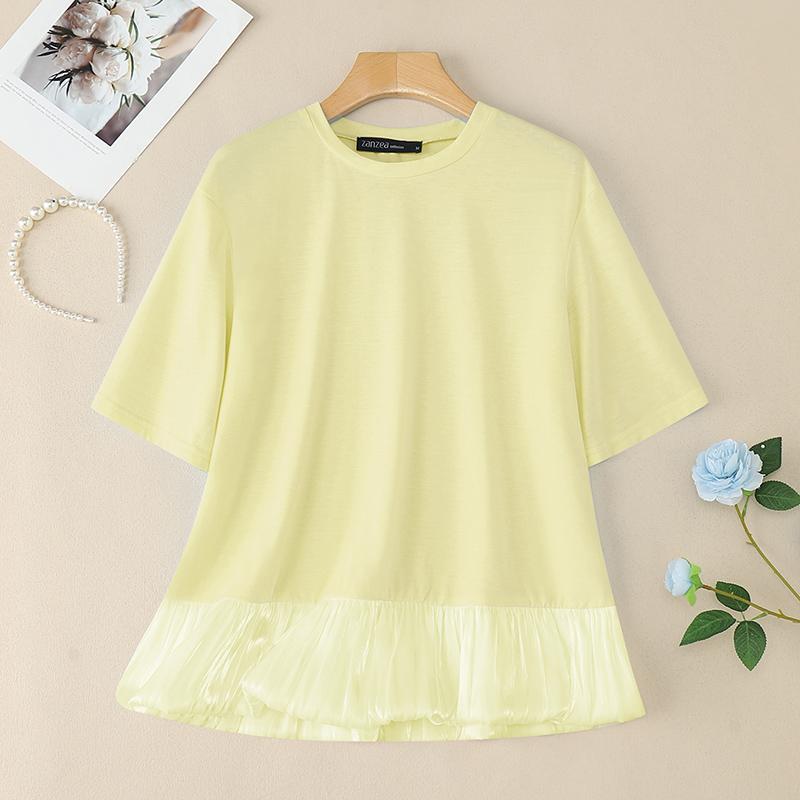 ZANZEA Women Casual Round Neck Short Sleeve Loose Patchwork Blouse