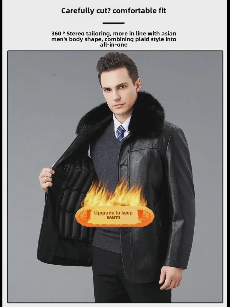 Chaqueta de cuero genuino de invierno para hombre con cuello de piel desmontable y forro de plumón: ideal para personas de mediana edad y mayores.