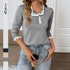 Women's Gray Rib-Knit Long Sleeve Top with White Lace Trim and Two Front Buttons
