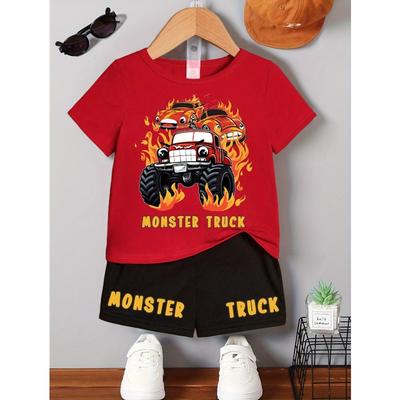 Conjunto Casual de Verano para Niños Camiseta de Manga Corta y Pantalones Cortos Estampado de Camión Monstruo Tejido de Poliéster Transpirable Lavable a Máquina