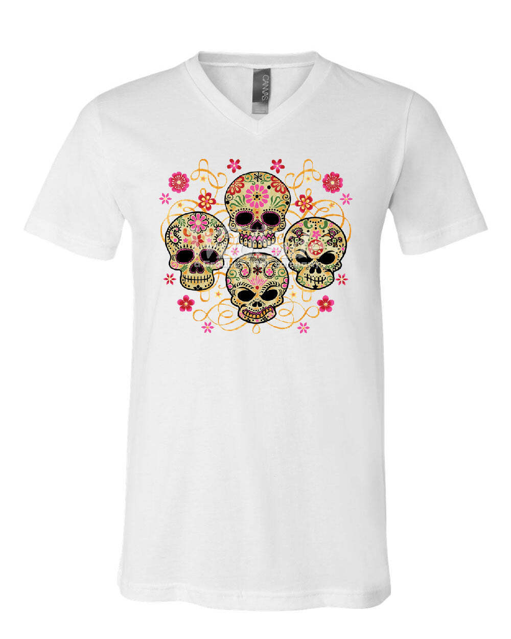 4 Cute Sugar Skulls V-Neck T-Shirt Calaveras Dia de los Muertos Mexico Tee S
