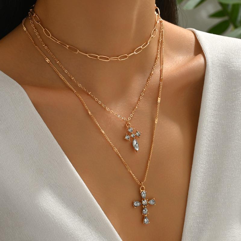 

Новое двухслойное колье с крестом, женское простое многослойное, с бриллиантами, темпераментное, универсальный кулон, цепочка для ключицы