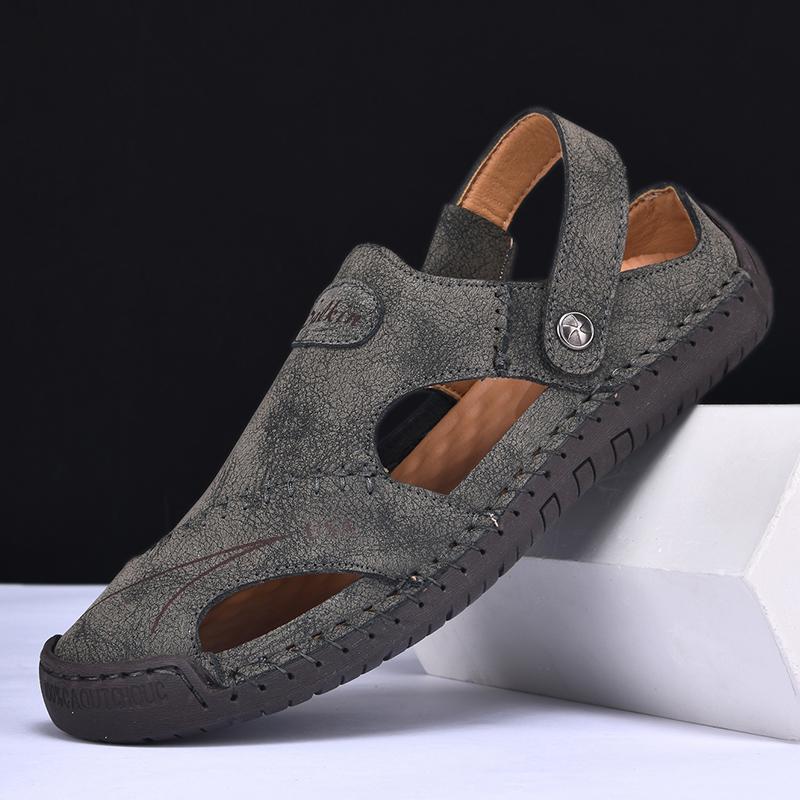 

Summer Sandals Men Breathable Leather Shoes Man Outdoor Men Sandals Antiskid Beach Sandals Hollow Shoes Fashion 38 серый