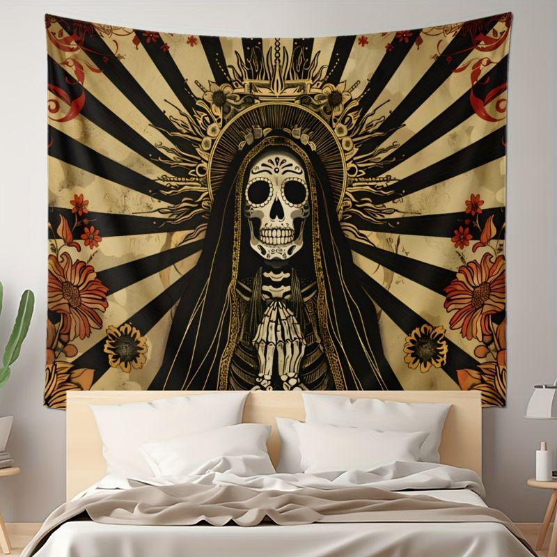 Santa Muerte Floral Skull Tapestry Vintage Day Of The Dead Print Wall Hanging Bedroom Dorm Apartment Aesthetic Decor