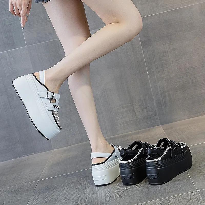 Modă 8cm Nouă Plasă Aer Piele Naturală Platformă Adidași Groși Sandale Femei Casual Gol Stras Alb Papuci de Vară Pantofi
