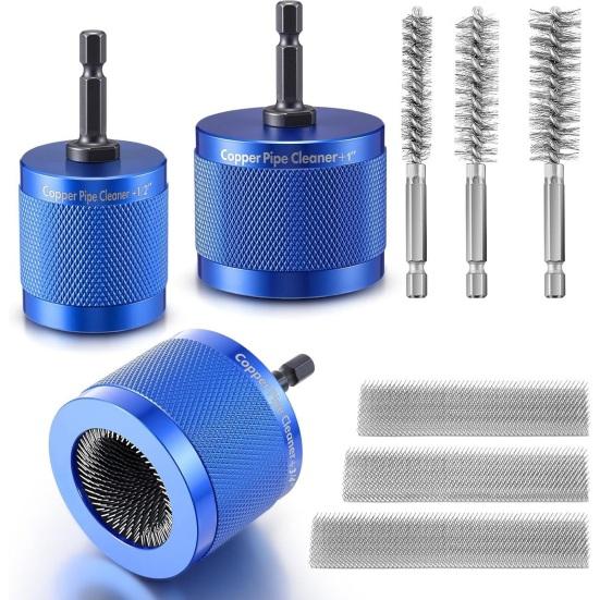 Copper Pipe Cleaner Set with Hex Shank Replaceable 72A Steel Wire Brush Heads Threaded Design Prevents Slippage Pipe Cleaning Tools