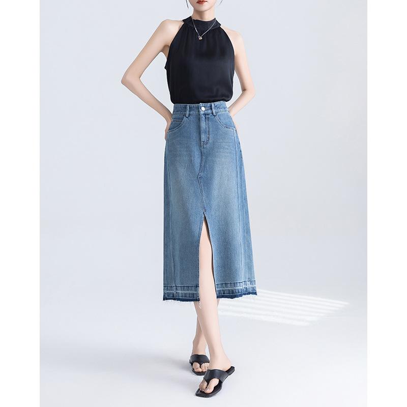 

Джинсовая юбка женская весна новая с высокой талией облегающая бедра средней длины XXL