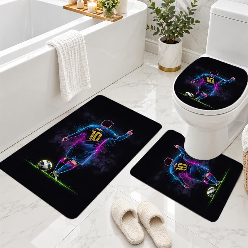 3Pcs Flannel Toilet Mat Set Lionel Messi Bathroom Rug Non Slip Bath Carpet Home Decor