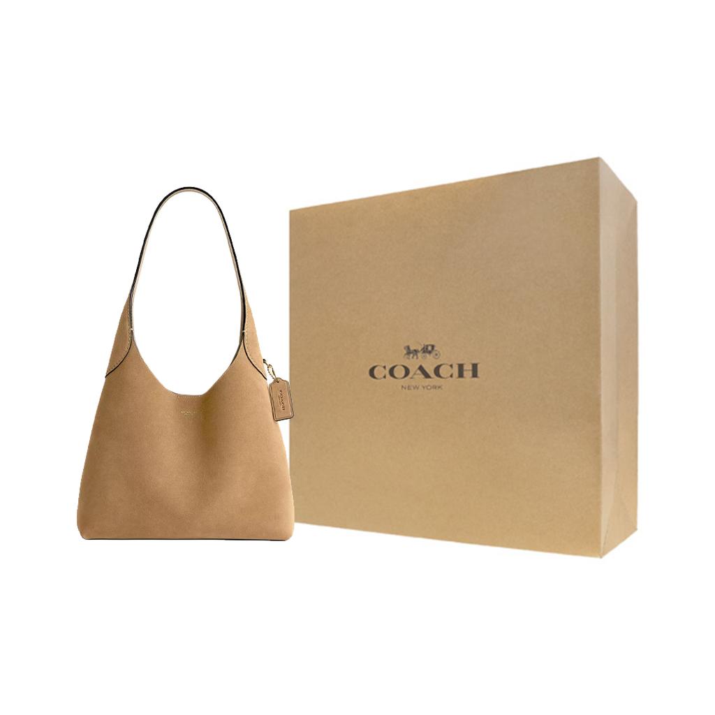Coach Borsa Tote Brooklyn 28 con Placca Logo in Pelle Scamosciata Donna Borsa Tote Beige CW637-B4SN