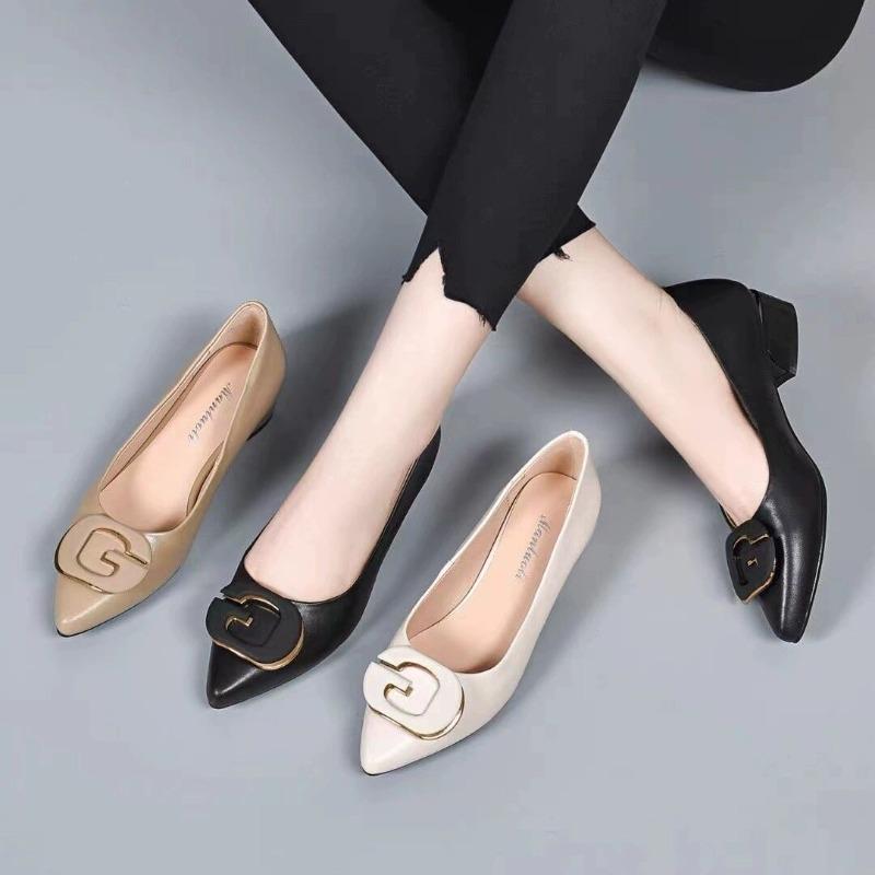 Fashion Women's Fashion Thin Heel Shoes Autumn New Shallow Mouth Pointed Head Metal Buckle Slip-on Wear-resistant High Heels
