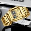 For FB0057 4 Subdials 40mm Simple Square Gold Chronograph Alarm Date Stainless Steel Business Waterproof WristWatch+ Gift Box