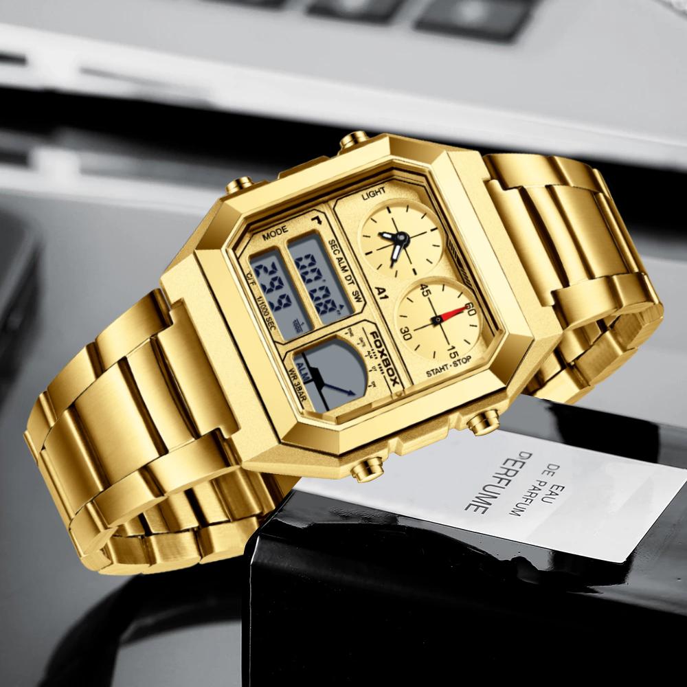 For FB0057 4 Subdials 40mm Simple Square Gold Chronograph Alarm Date Stainless Steel Business Waterproof WristWatch+ Gift Box