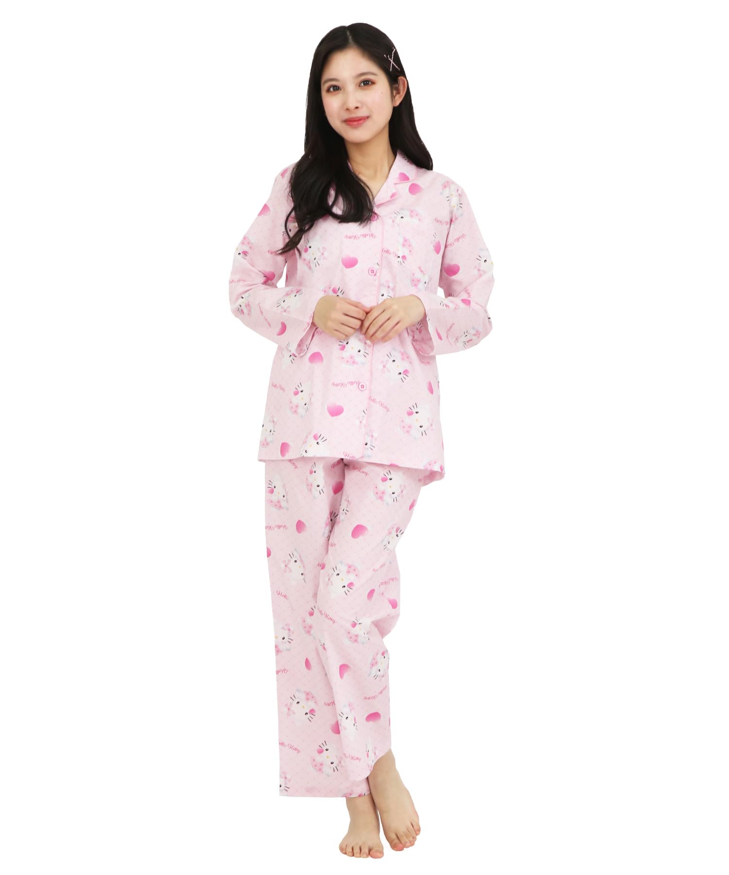 

Рубашка Hello Kitty с длинными рукавами и длинный верх и низ для дома [SAZAC] пижама, бязь, 100% хлопок, женская, брюки, комплект, одежда, розовый