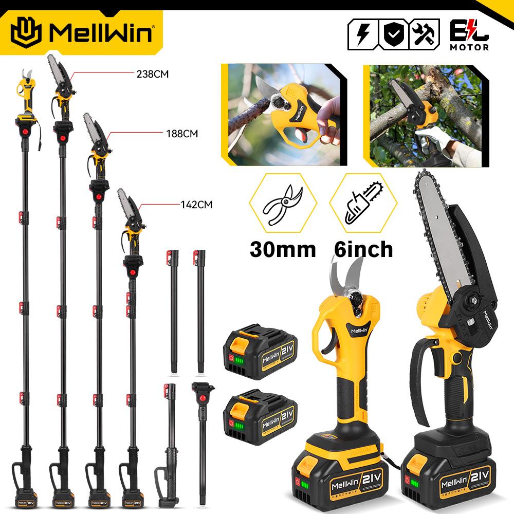 MELLWIN Perche télescopique 200cm Électrique sans balais Tronçonneuse 6 pouces Cisailles pour hautes branches Outil de jardinage pour batterie 18V 21V