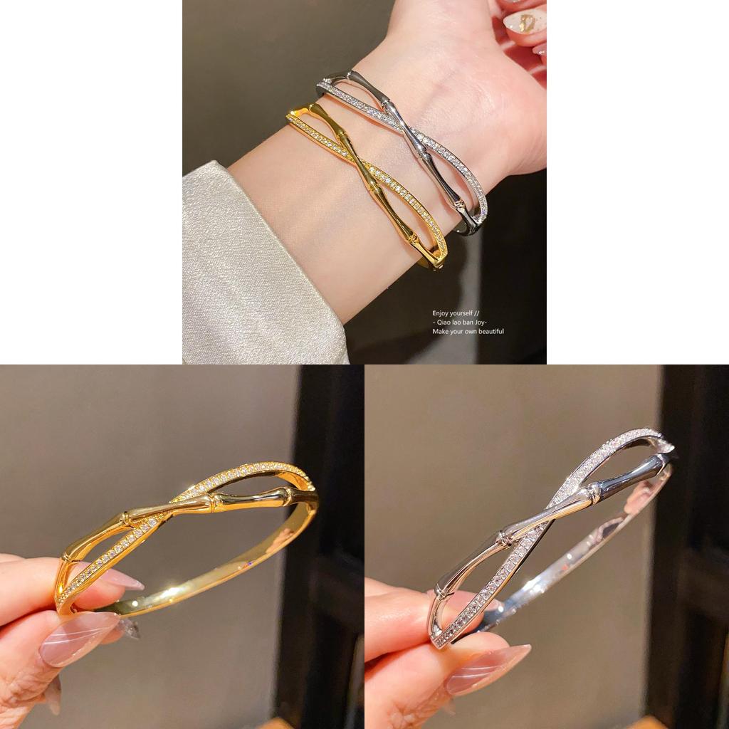 Elegant Silver Copper Zircon Embellished Bamboo Element Bracelet For Ladies