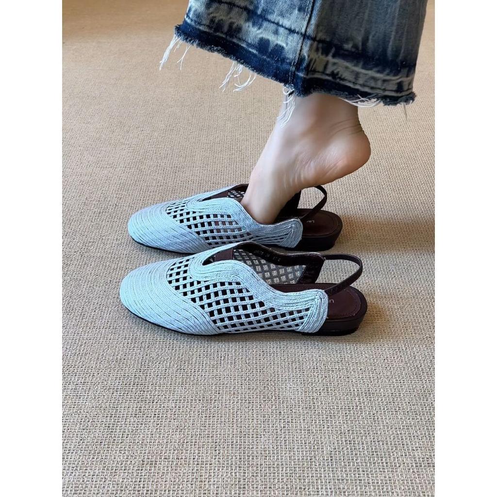 French retro design sense woven hollowed-out vacation wind slope heel lazy fashion versatile and comfortable outer bag head sandals