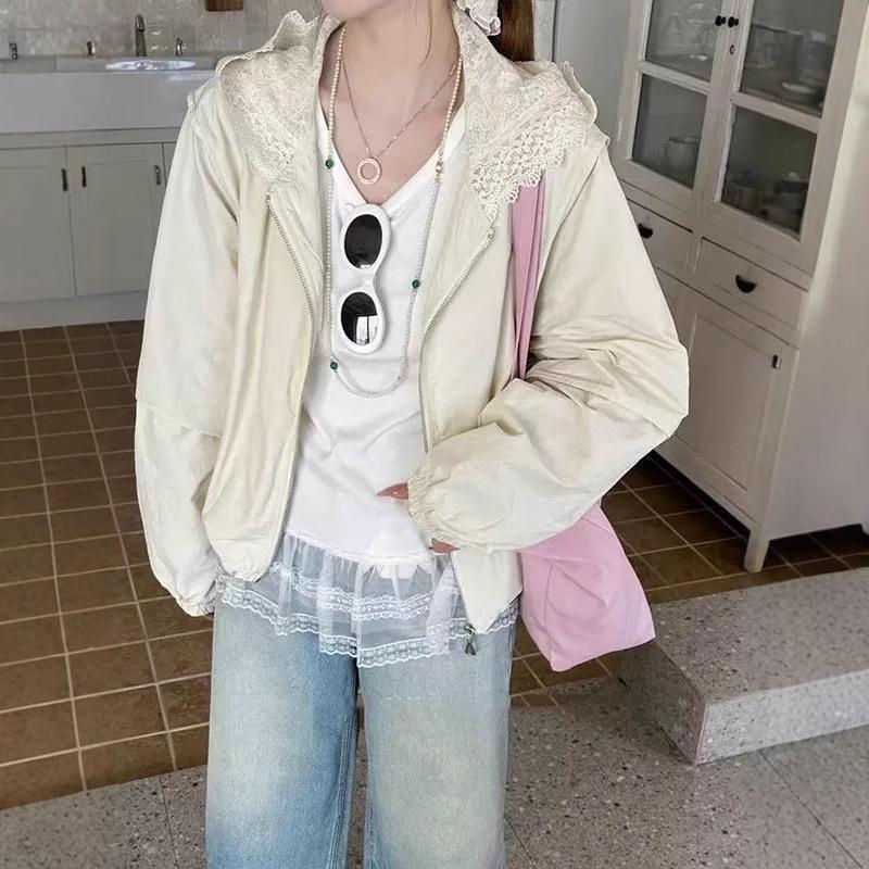 

Женская модная куртка с капюшоном и кружевной отделкой - Весна 2025 Корейский стиль Свободный Повседневный Кардиган для защиты от солнца XL грязно-белый