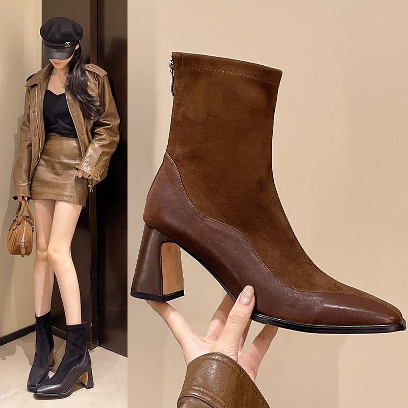 French Vintage Splicing Brown Elastic Skinny Boots Women's Head Back Zipper High Heel Short Boots Small Socks Boots