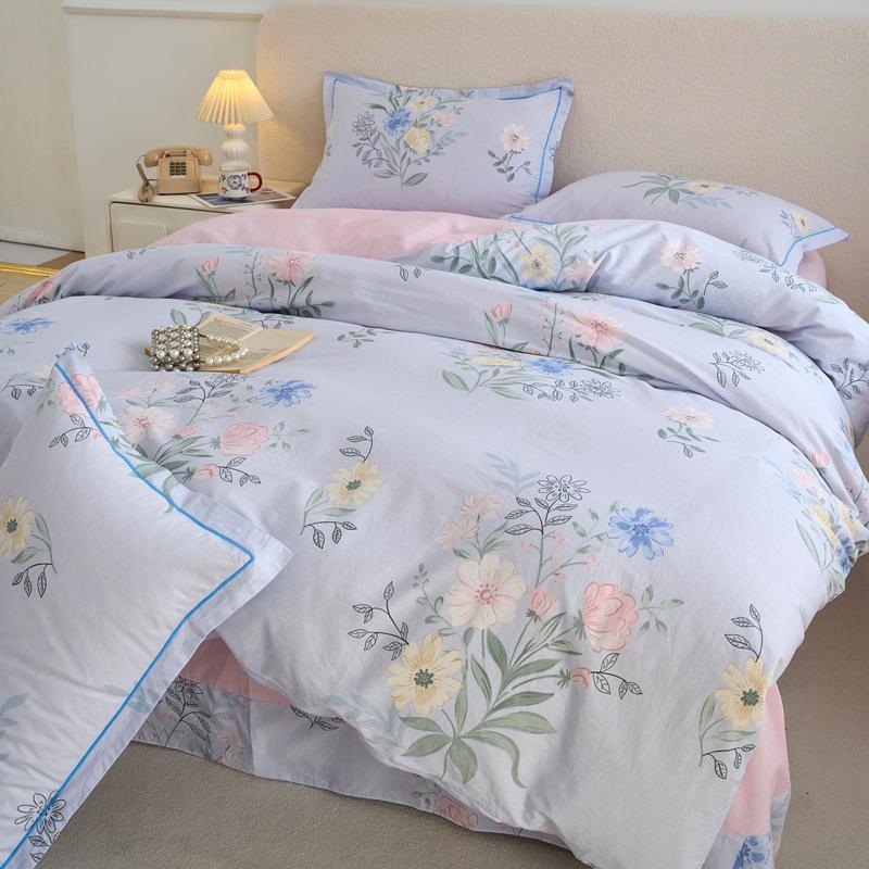 Fresh & Simple Pure Cotton Four-Piece Printed Dorm Set – Includes Three-Piece All-Cotton Bed Sheet, Bed Skirt, and Bedding Set.