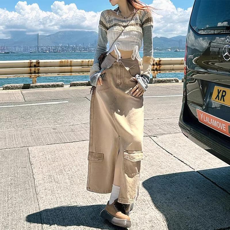 

Ретро джинсовая миди-юбка А-силуэта с высокой талией - Универсальная, стройнящая, свободного кроя, модный весенний дизайн Extra Large хаки