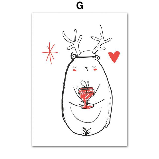 Cartoon Elk Snowman Picture Minimalist Sketch Canvas Poster Merry Christmas Decor Painting Happy New Year Kids Room Decor No Frame