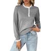 Women's Lace Trim Half Button Sweater Long Sleeve Crew Neck Ribbed Knit Tops Casual Loose Fit Pullover Sweaters